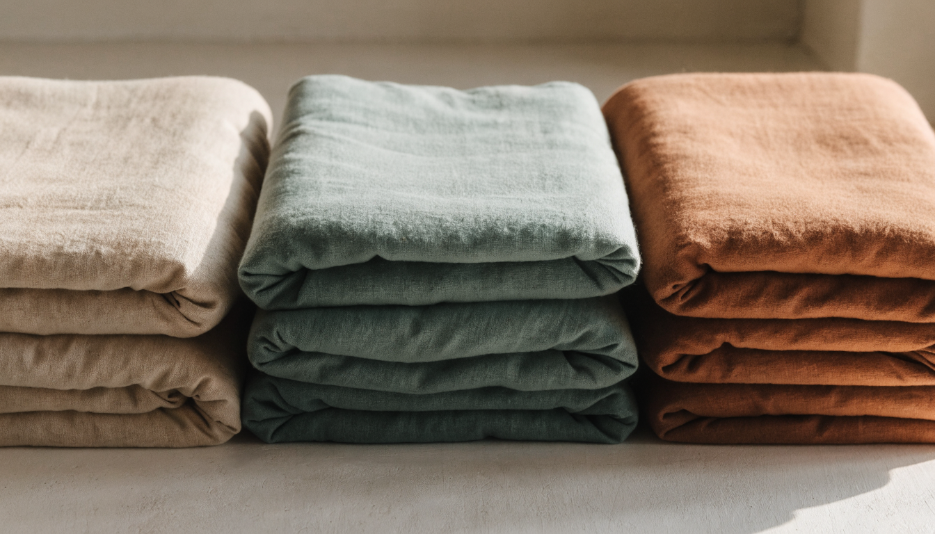 Trois parures de lit de couleurs différentes : beige, vert sauge et terracotta Image