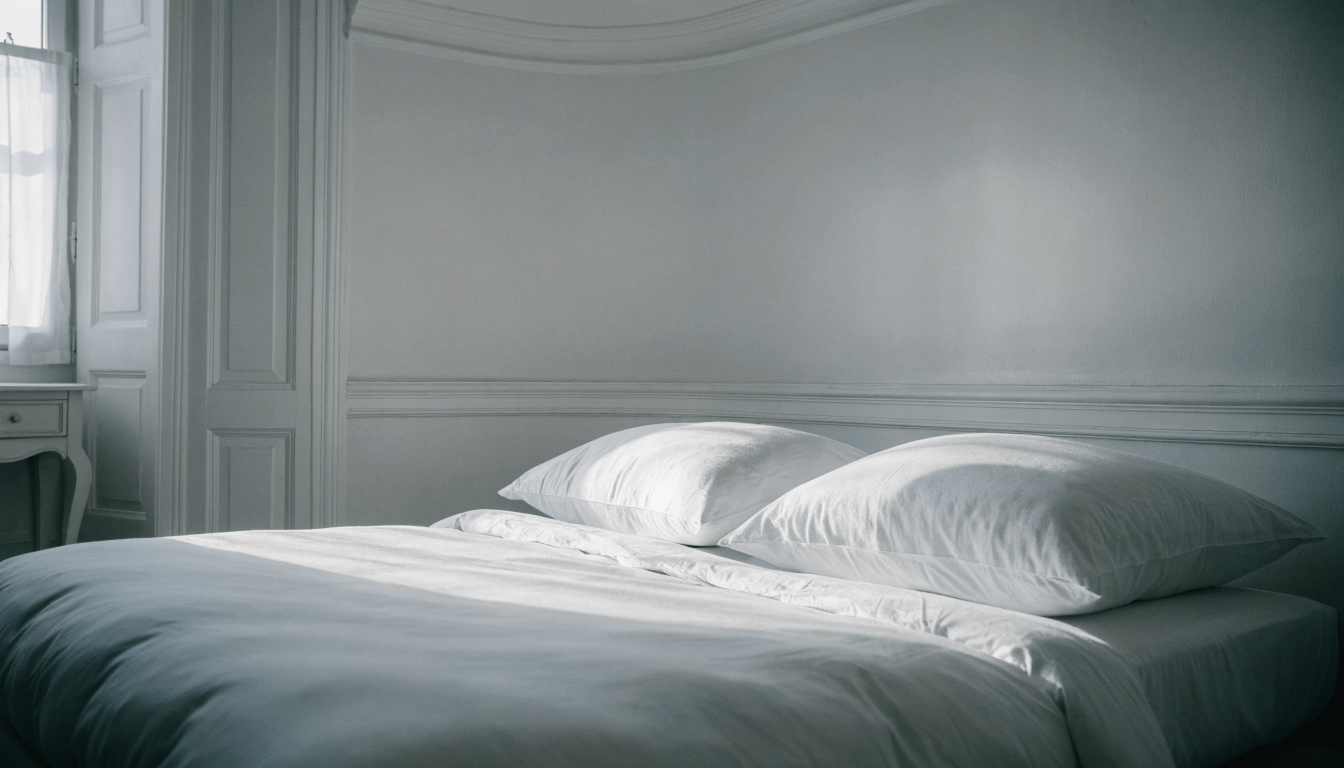 Parure de lit blanche unie sur un lit fait, lumière naturelle Image