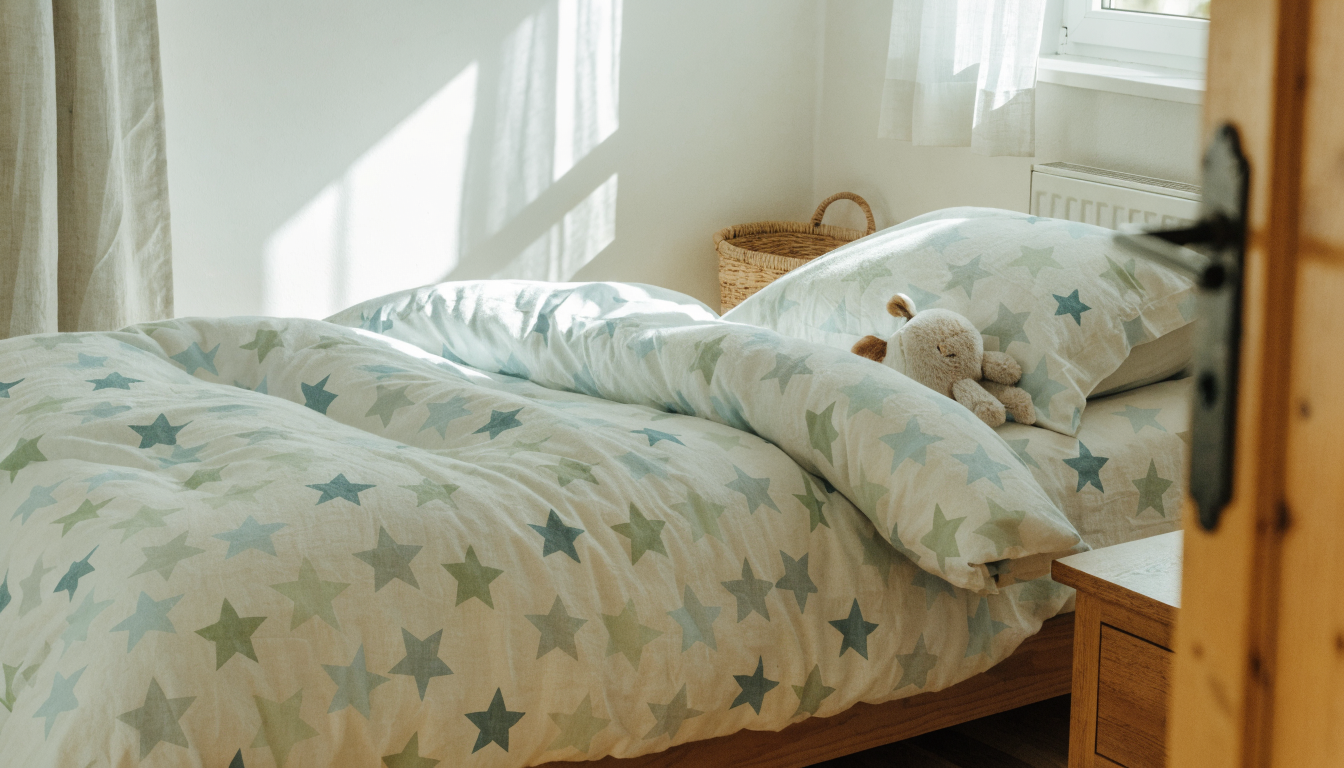 Lit d'enfant habillé d'une parure 90x190 à motifs, dans une chambre claire Image