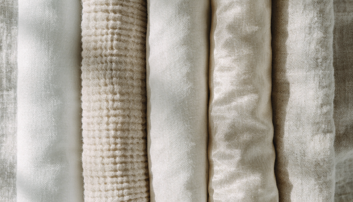 Cinq tissus de parure de lit côte à côte : coton, gaze de coton, percale, satin et lin lavé Image