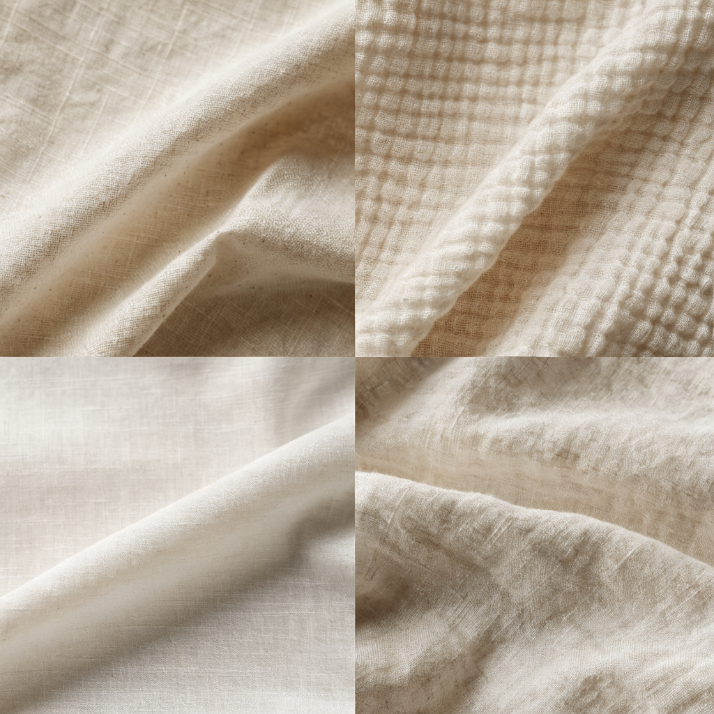 Quatre échantillons de tissu de parure : coton, gaze, percale et lin