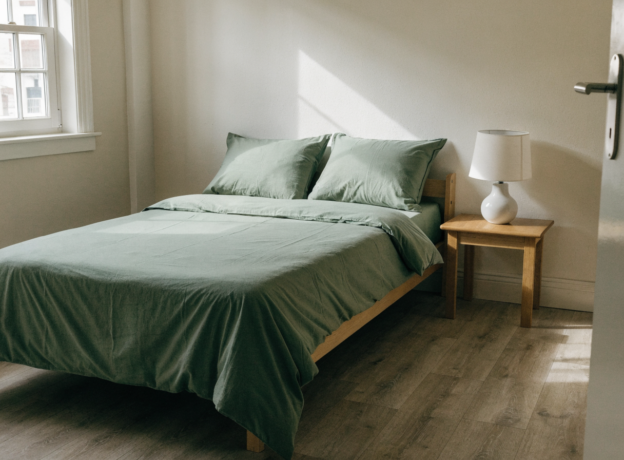Chambre d'amis avec une parure de lit unie vert sauge Image