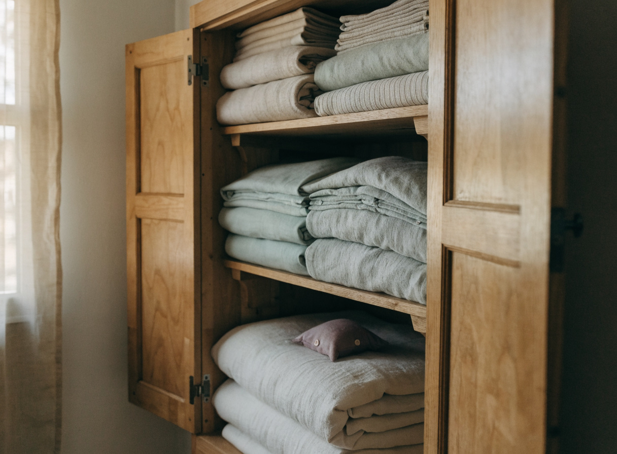 Armoire à linge avec des parures de lit pliées et empilées sur des étagères Image