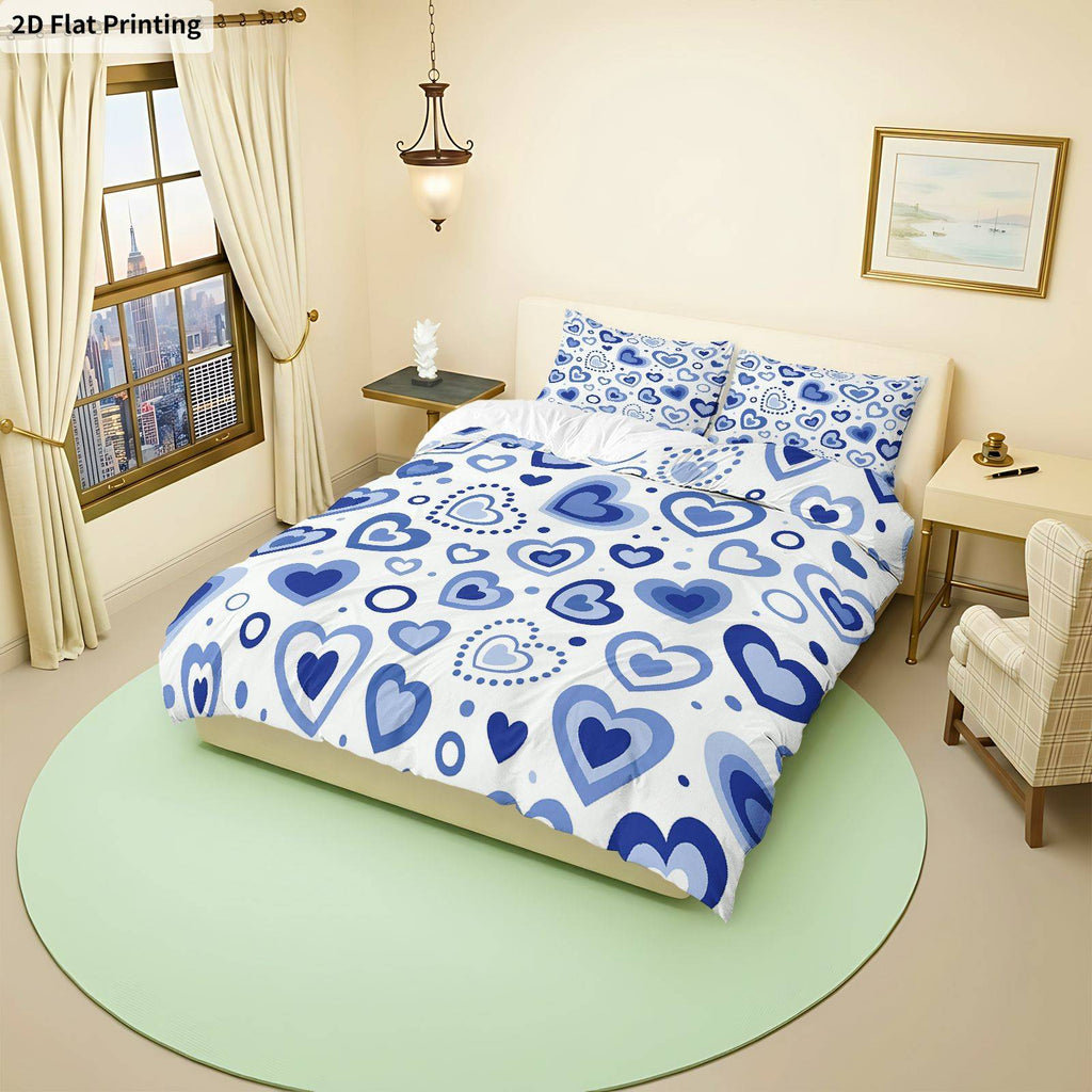 Parure de lit cœurs bleus sur blanc, 3 pièces romantiques