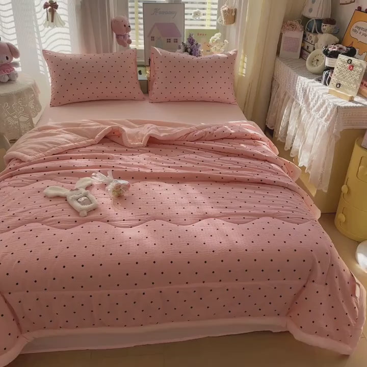 Ensemble de housse de couette dt 4 pices en double toile plisse doux pour la peau et confortable 1 housse de couette fine 1 draphousse 2 taies doreiller Polka Dot Life  Rose