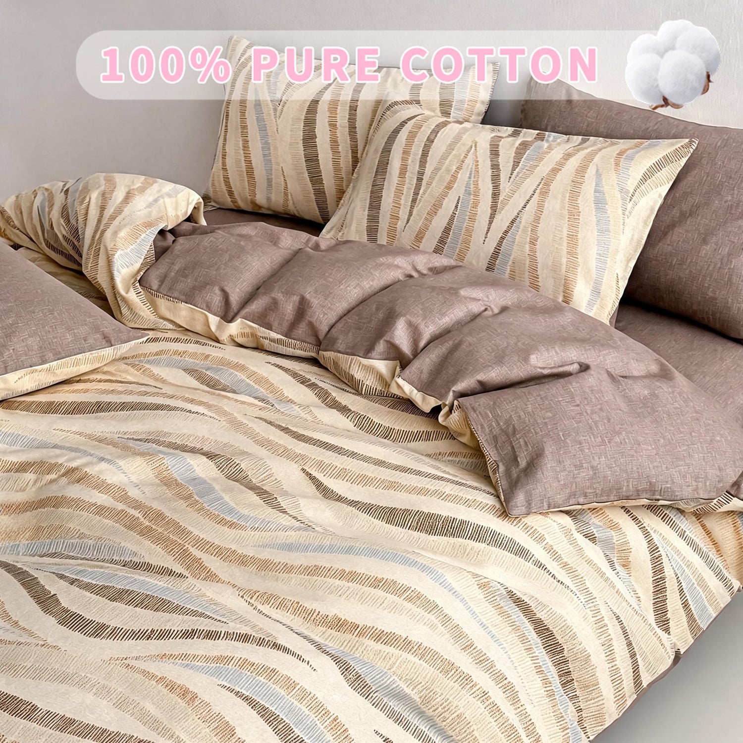 Latacaca Ensemble de housse de couette raye 4 pices 100 coton pur beige plusieurs tailles disponibles literie toutes saisons Comprend 1 housse de couette 2 taies doreiller et 1 drap plat lavable en machine
