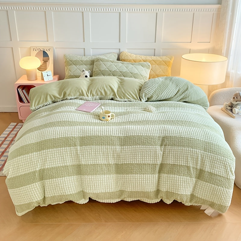 Parure de lit 3 pices ultradouce en jacquard peluche  rayures vert clair Housse de couette et taies doreiller en tissu laiteux  GSM lev Literie laiteuse paissie Housse de couette dhiver chaude et duveteuse Couette non incluse